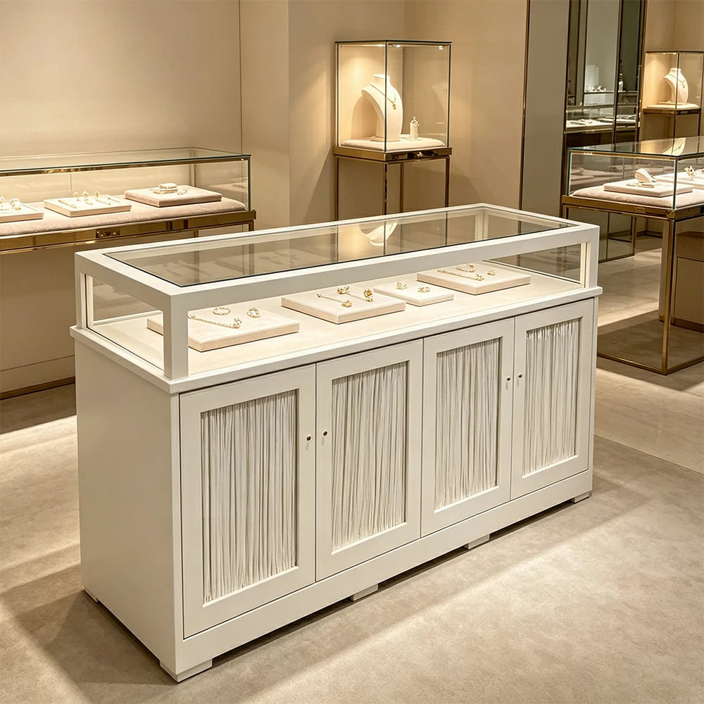 LUXORA Retail Display Counter with Glass Top Shelf and 4-Door Storage for Boutique Store - Cream White