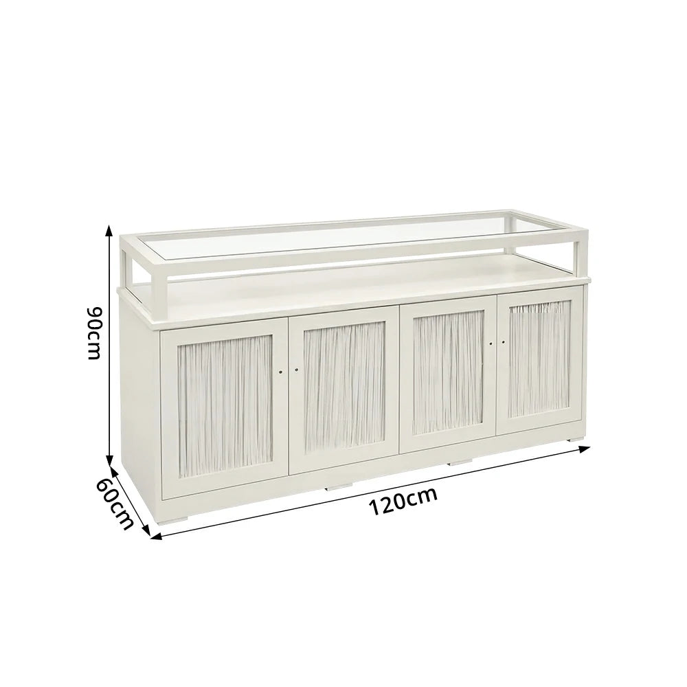 LUXORA Retail Display Counter with Glass Top Shelf and 4-Door Storage for Boutique Store - Cream White