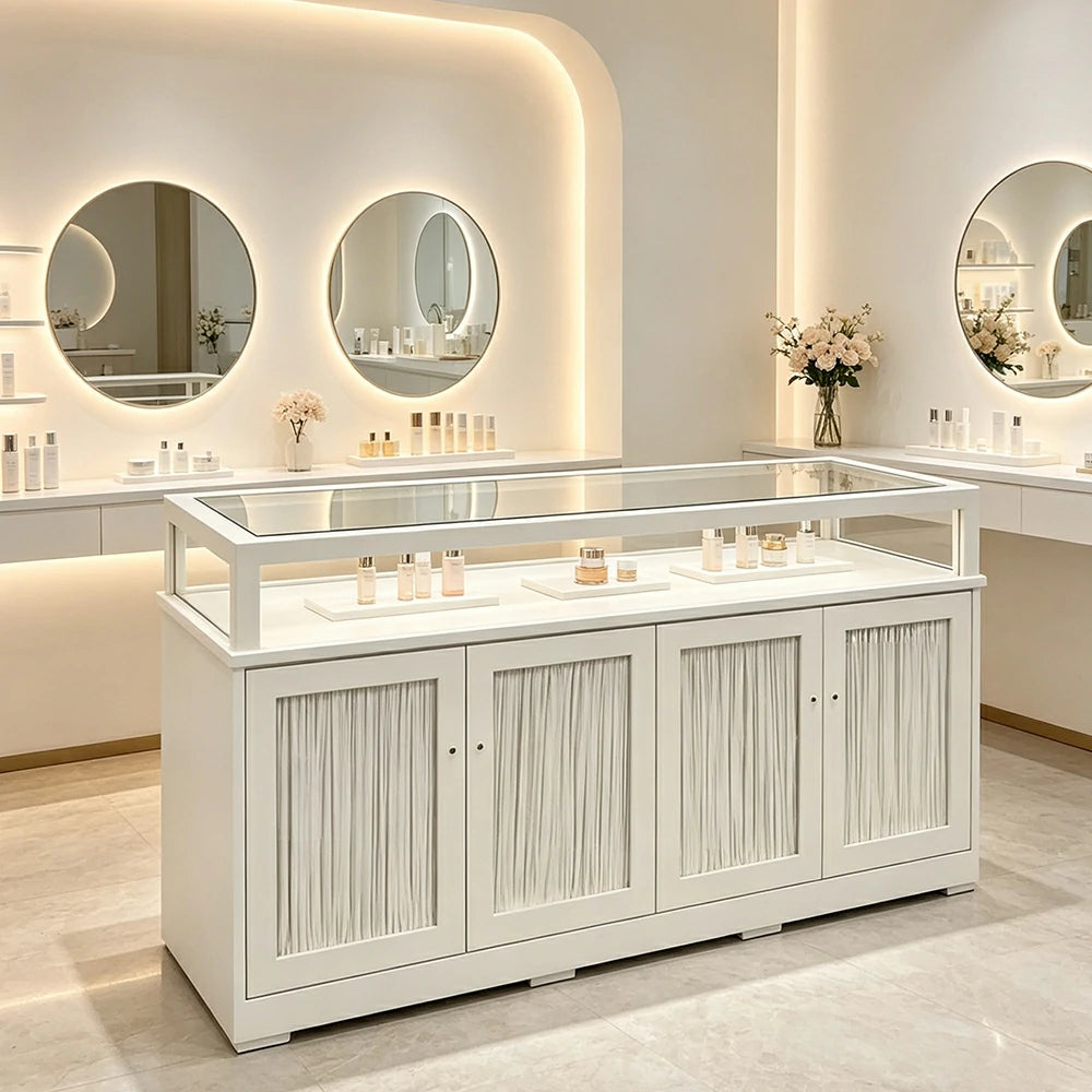 LUXORA Retail Display Counter with Glass Top Shelf and 4-Door Storage for Boutique Store - Cream White