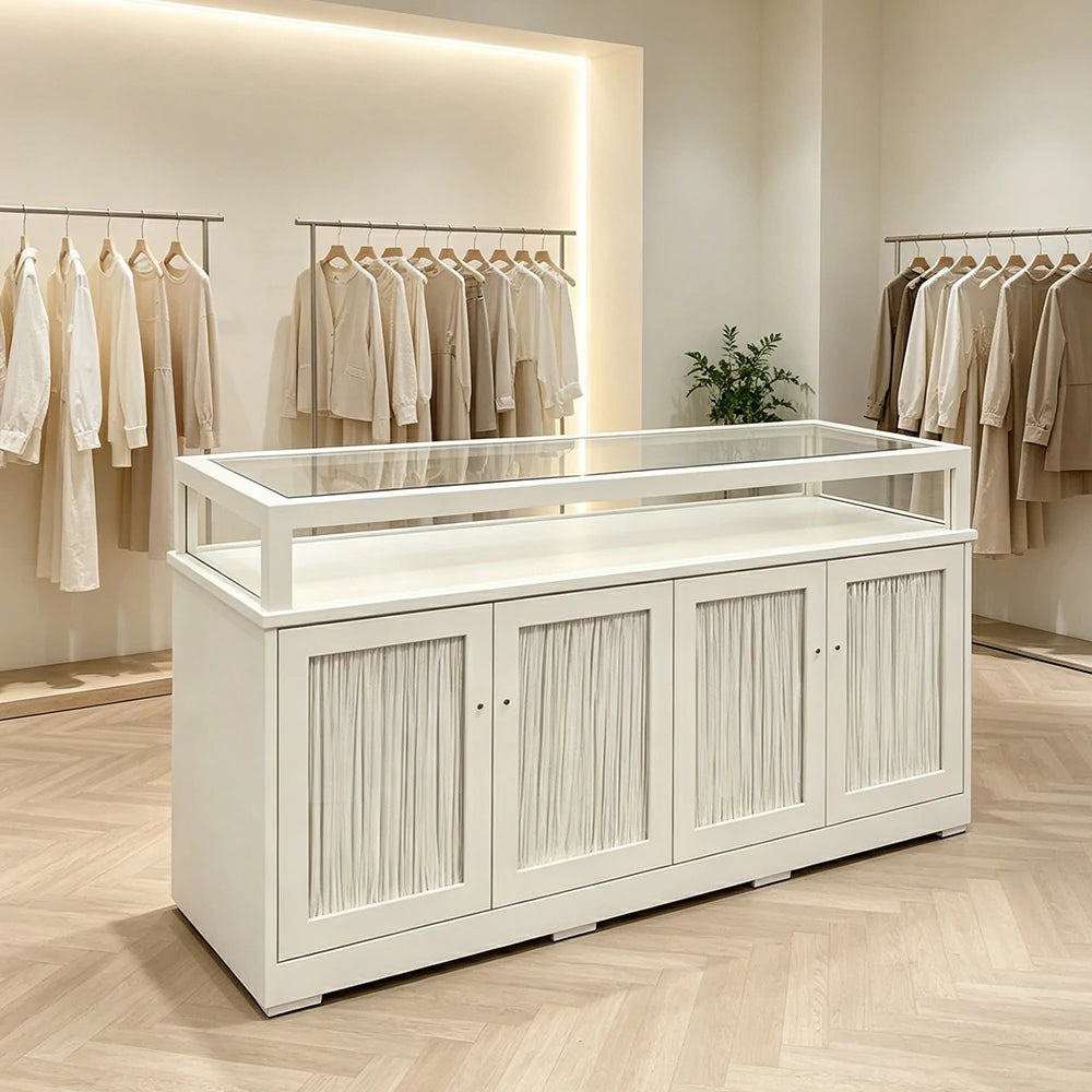 LUXORA Retail Display Counter with Glass Top Shelf and 4-Door Storage for Boutique Store - Cream White
