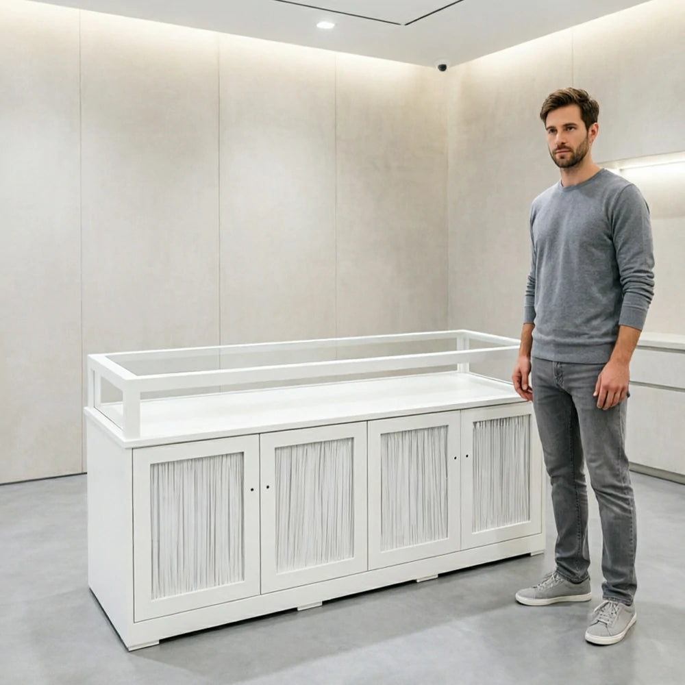 LUXORA Retail Display Counter with Glass Top Shelf and 4-Door Storage for Boutique Store - Cream White