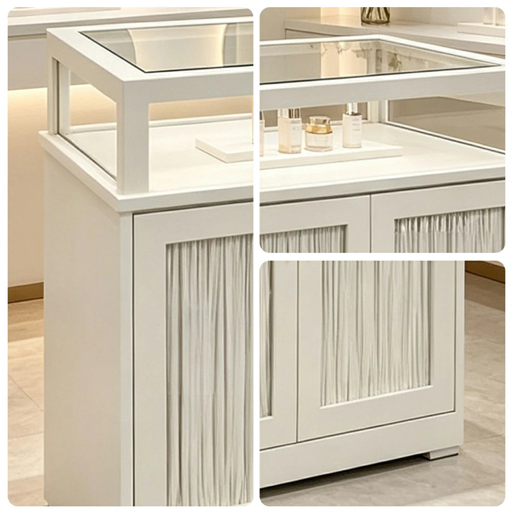 LUXORA Retail Display Counter with Glass Top Shelf and 4-Door Storage for Boutique Store - Cream White