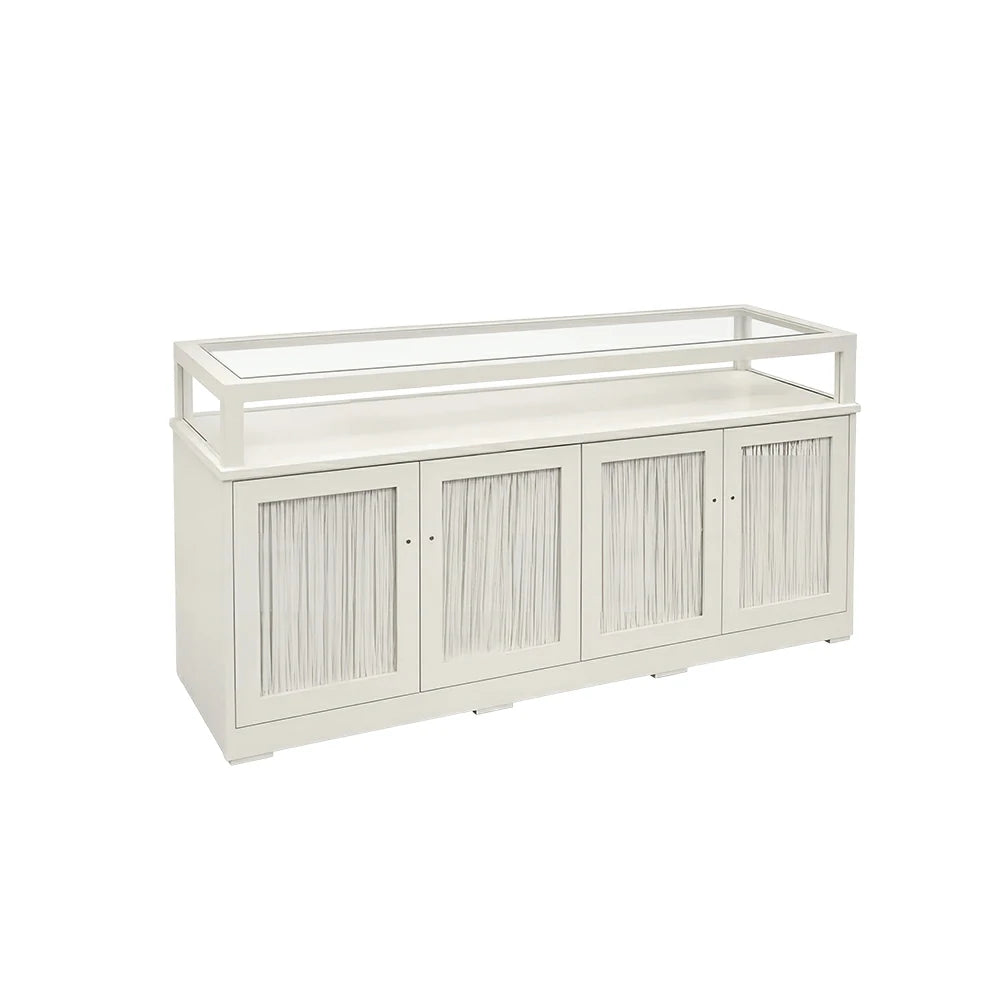 LUXORA Retail Display Counter with Glass Top Shelf and 4-Door Storage for Boutique Store - Cream White