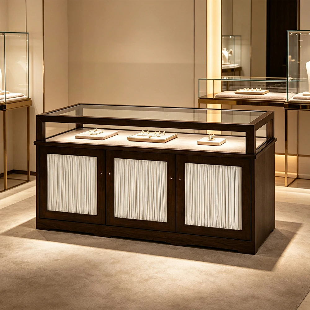 LUXORA Retail Display Counter with Glass Top and 3-Door Storage for Boutique Store - Walnut
