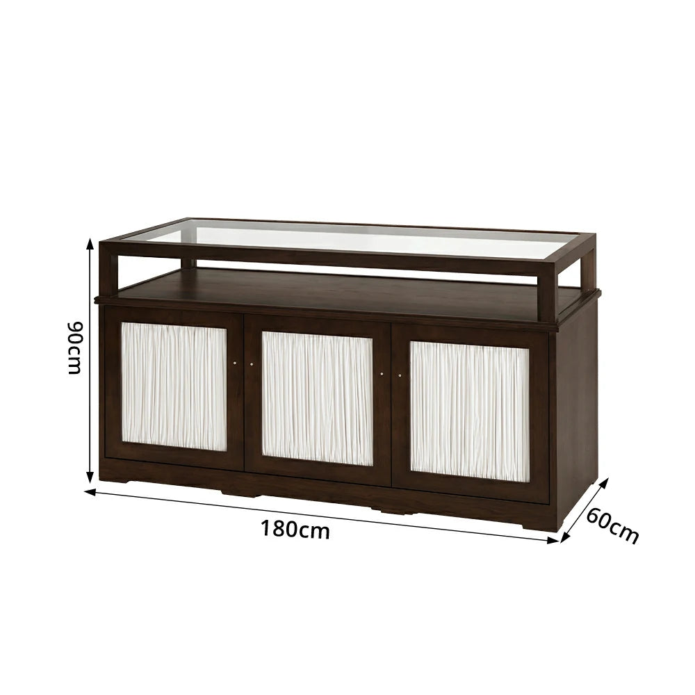 LUXORA Retail Display Counter with Glass Top and 3-Door Storage for Boutique Store - Walnut