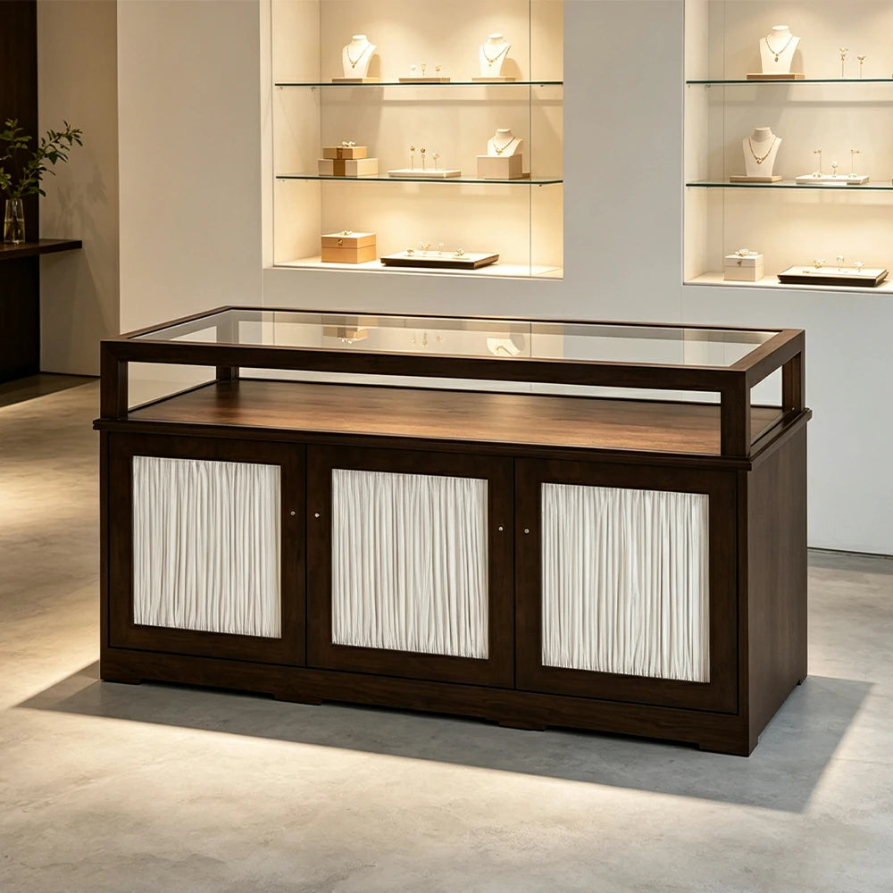 LUXORA Retail Display Counter with Glass Top and 3-Door Storage for Boutique Store - Walnut