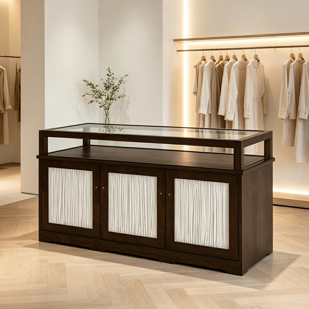 LUXORA Retail Display Counter with Glass Top and 3-Door Storage for Boutique Store - Walnut