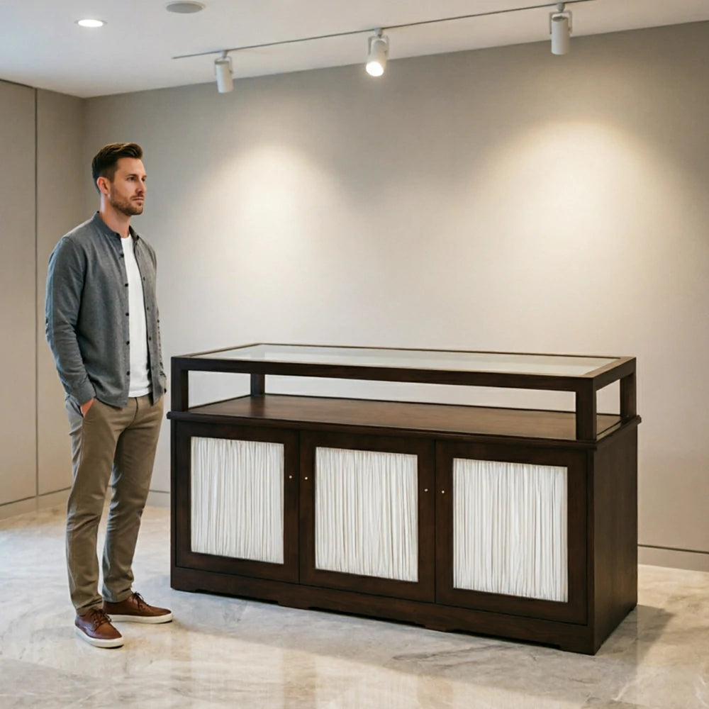 LUXORA Retail Display Counter with Glass Top and 3-Door Storage for Boutique Store - Walnut