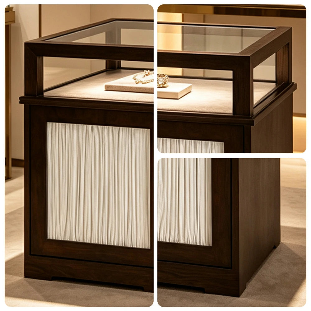 LUXORA Retail Display Counter with Glass Top and 3-Door Storage for Boutique Store - Walnut