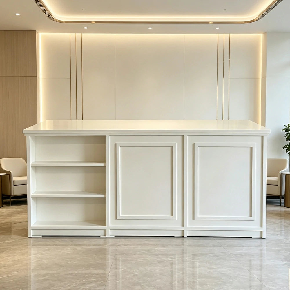 LUXORA Retail Reception Counter with Open Shelves and Panelled Storage for Boutique Store - Cream White