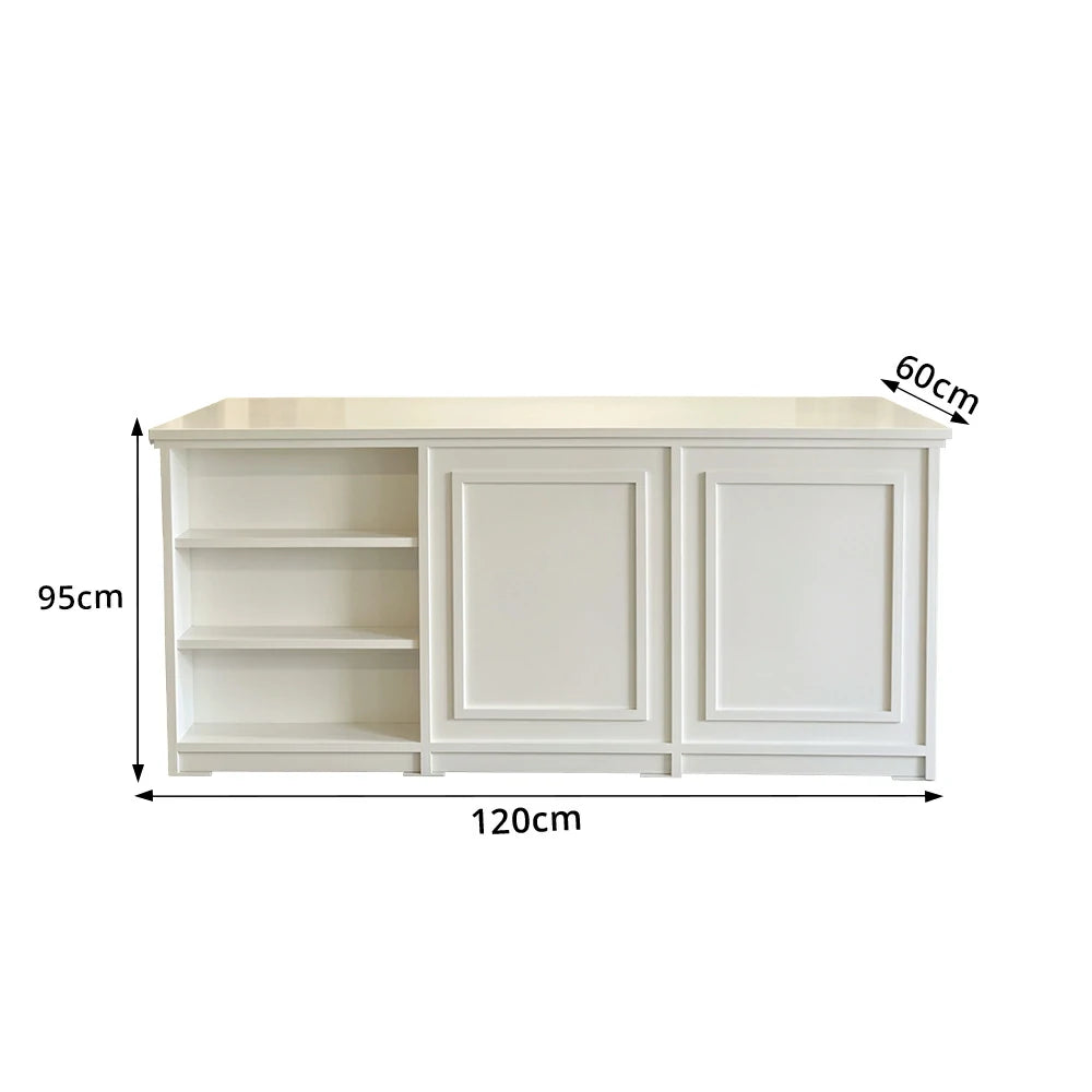 LUXORA Retail Reception Counter with Open Shelves and Panelled Storage for Boutique Store - Cream White