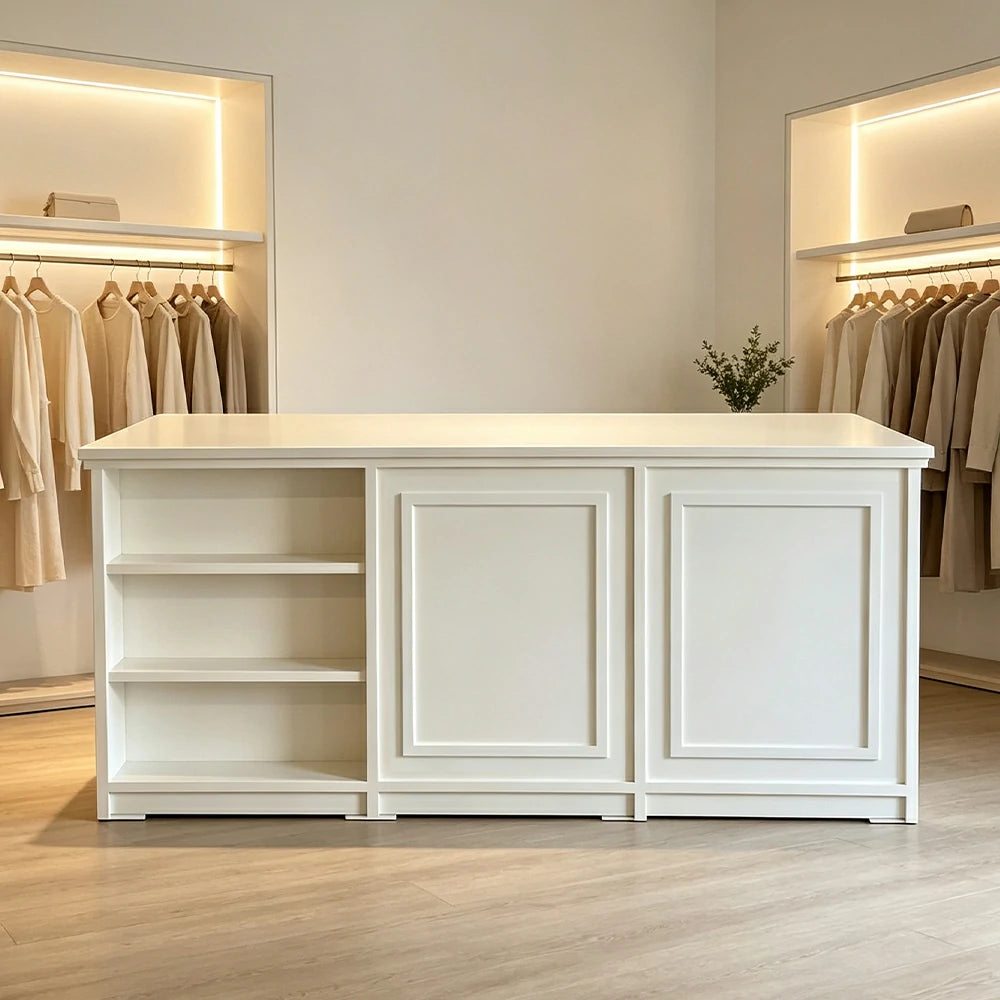LUXORA Retail Reception Counter with Open Shelves and Panelled Storage for Boutique Store - Cream White
