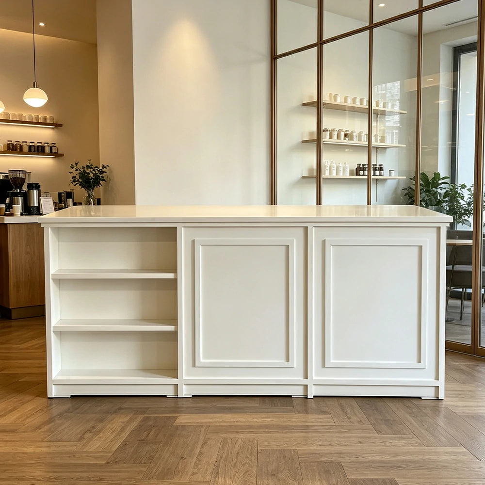 LUXORA Retail Reception Counter with Open Shelves and Panelled Storage for Boutique Store - Cream White