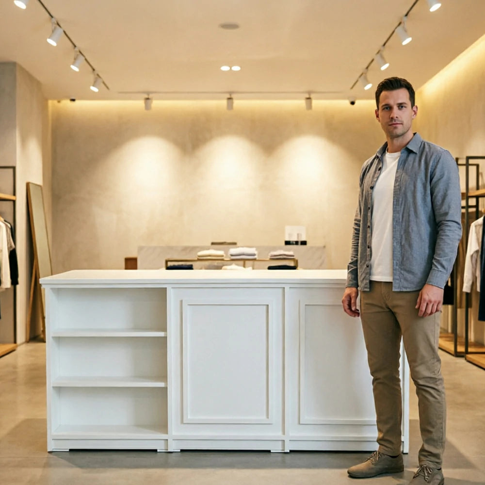 LUXORA Retail Reception Counter with Open Shelves and Panelled Storage for Boutique Store - Cream White