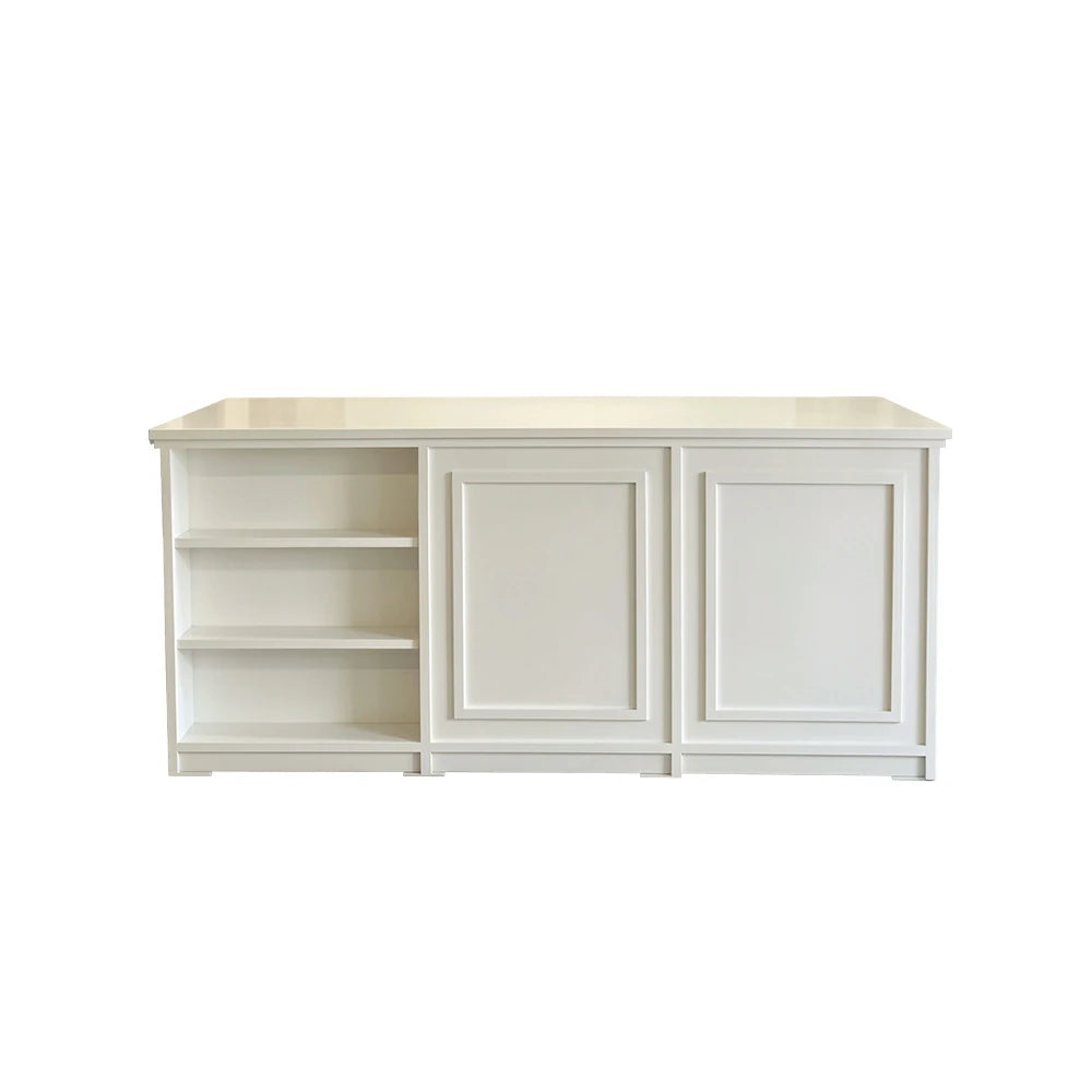LUXORA Retail Reception Counter with Open Shelves and Panelled Storage for Boutique Store - Cream White