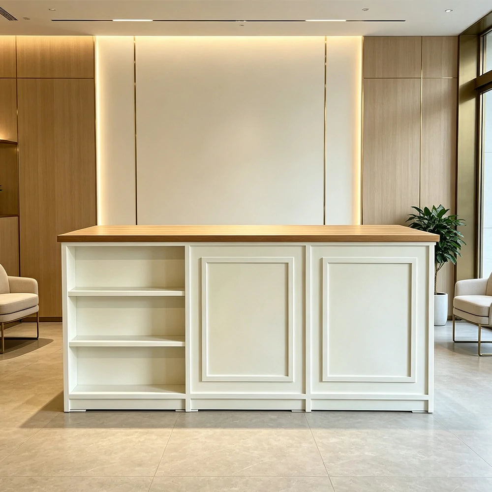 LUXORA Retail Reception Counter with Open Shelves and Dual Cabinet Storage for Boutique Store - Natural Wood & Cream White