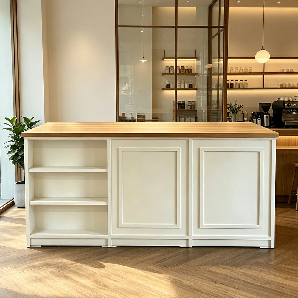 LUXORA Retail Reception Counter with Open Shelves and Dual Cabinet Storage for Boutique Store - Natural Wood & Cream White
