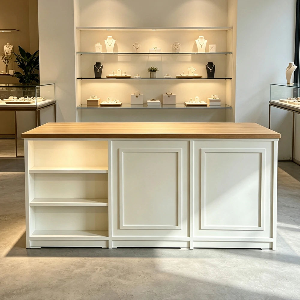 LUXORA Retail Reception Counter with Open Shelves and Dual Cabinet Storage for Boutique Store - Natural Wood & Cream White