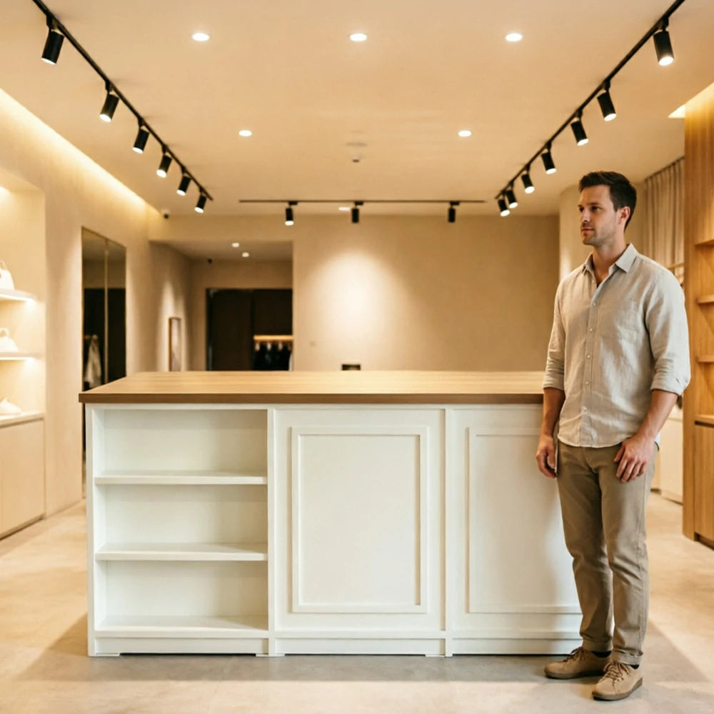 LUXORA Retail Reception Counter with Open Shelves and Dual Cabinet Storage for Boutique Store - Natural Wood & Cream White
