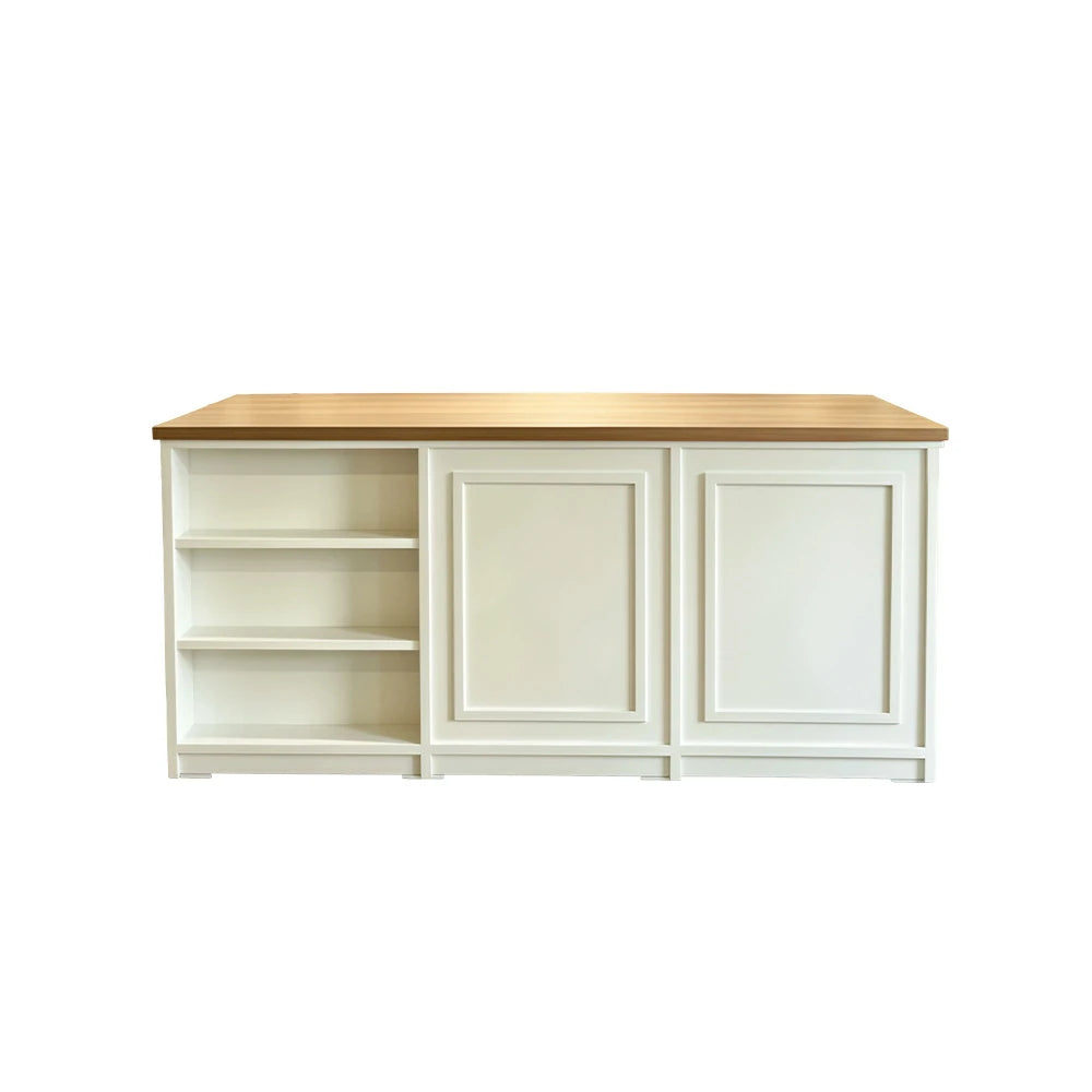 LUXORA Retail Reception Counter with Open Shelves and Dual Cabinet Storage for Boutique Store - Natural Wood & Cream White