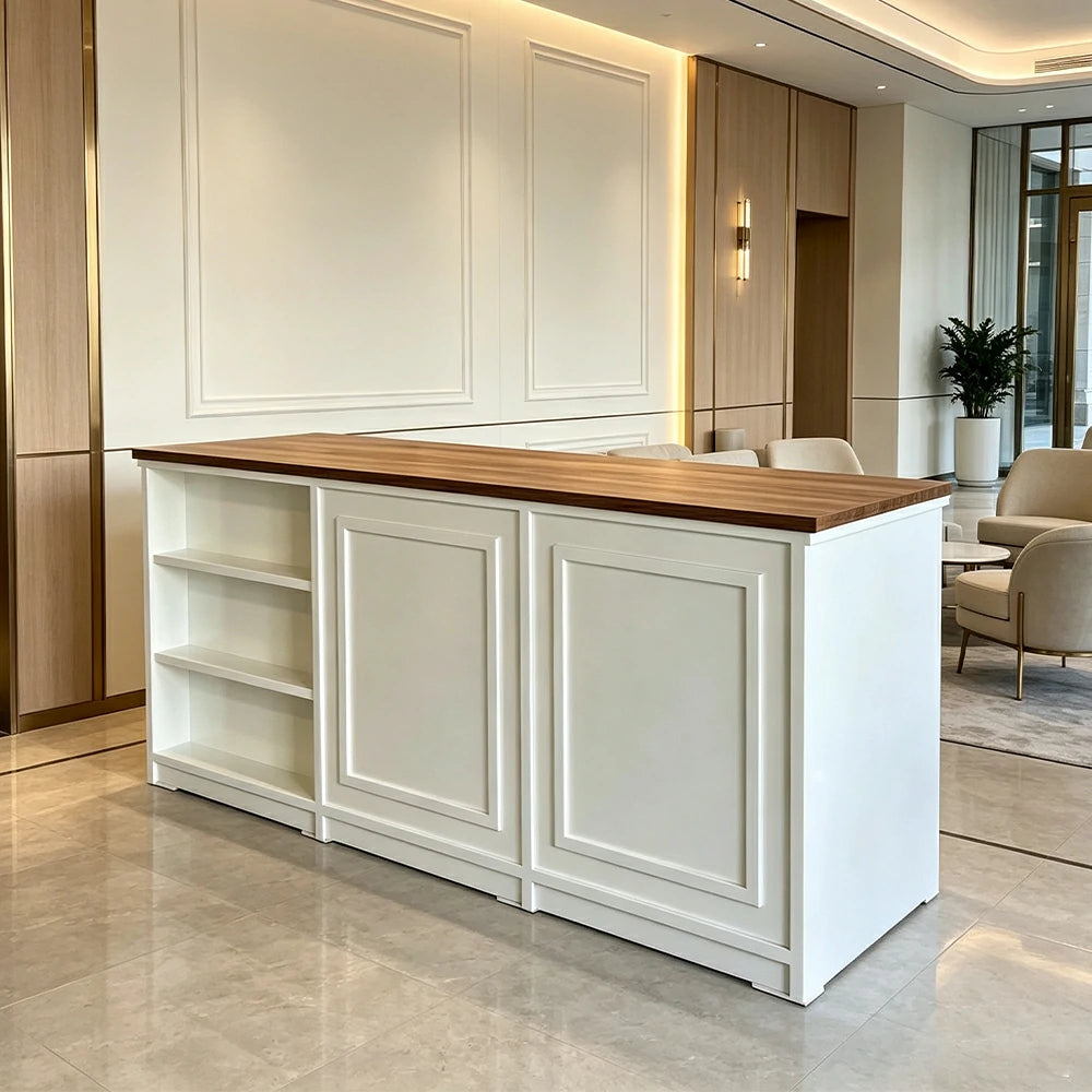 LUXORA Retail Reception Counter with Open Shelves and Dual Cabinet Storage for Boutique Store - Walnut & Cream White