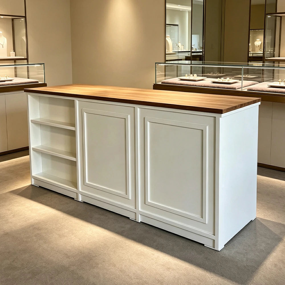LUXORA Retail Reception Counter with Open Shelves and Dual Cabinet Storage for Boutique Store - Walnut & Cream White