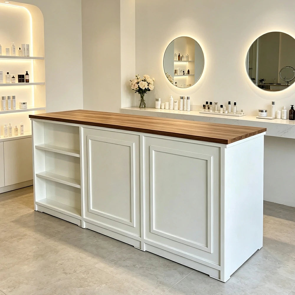 LUXORA Retail Reception Counter with Open Shelves and Dual Cabinet Storage for Boutique Store - Walnut & Cream White