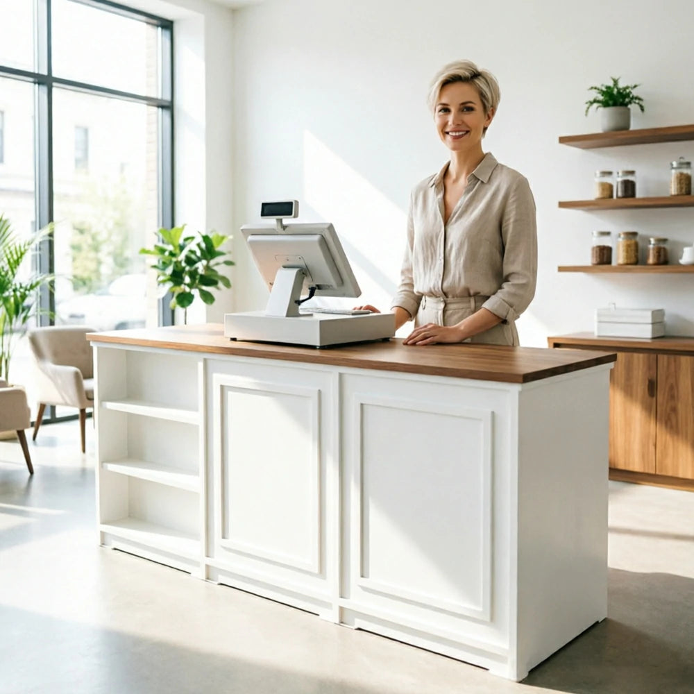 LUXORA Retail Reception Counter with Open Shelves and Dual Cabinet Storage for Boutique Store - Walnut & Cream White
