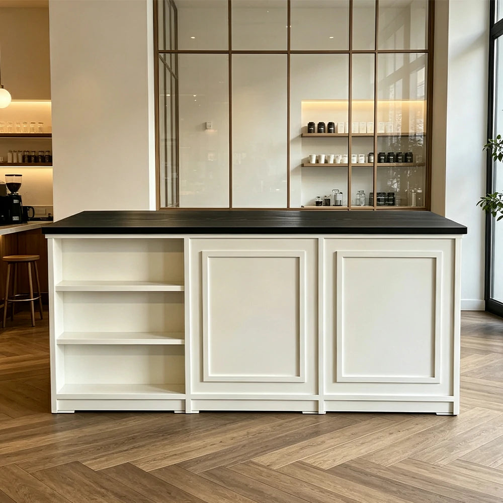 LUXORA Retail Reception Counter with Open Shelves and Dual Cabinet Storage for Boutique Store - Black & Cream White