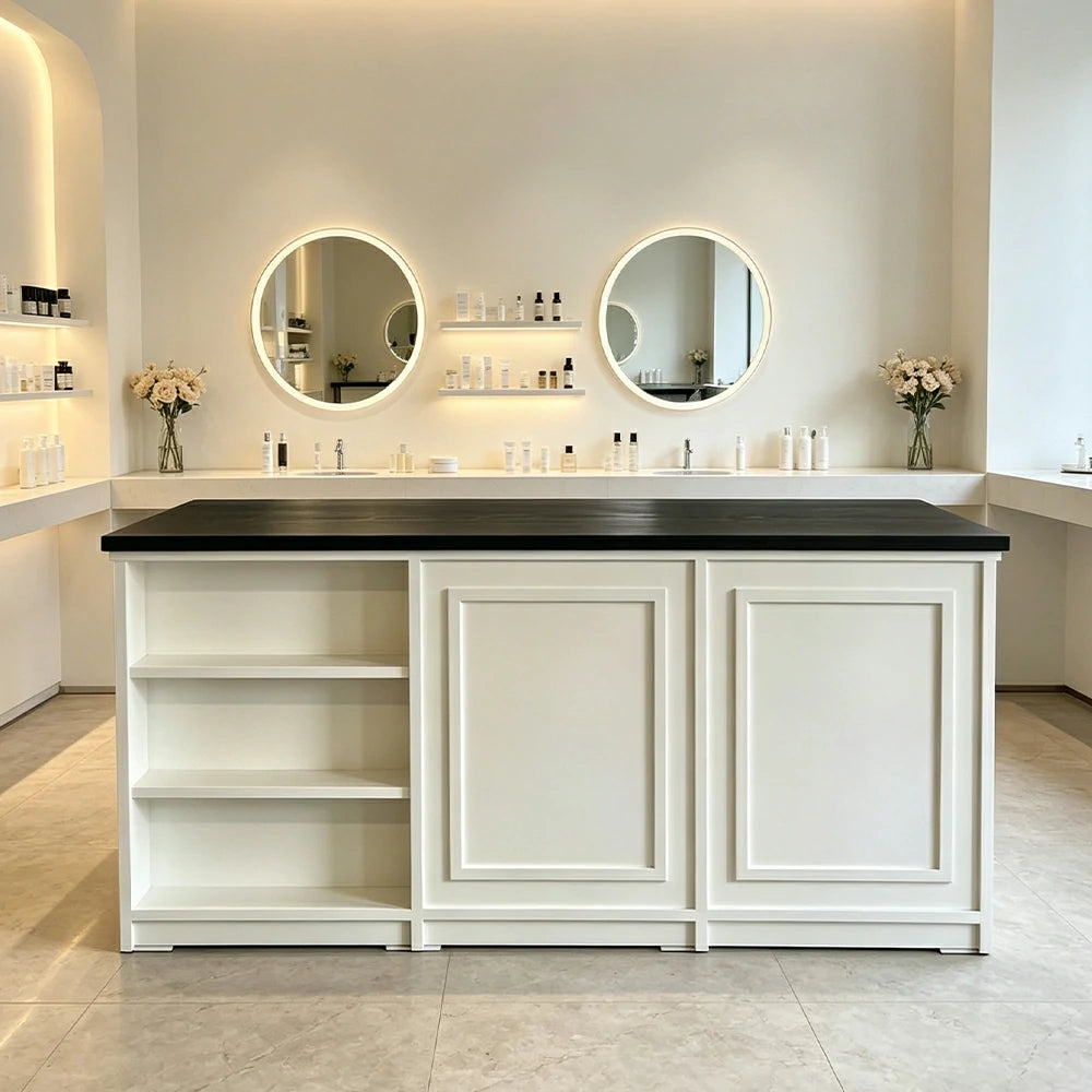 LUXORA Retail Reception Counter with Open Shelves and Dual Cabinet Storage for Boutique Store - Black & Cream White