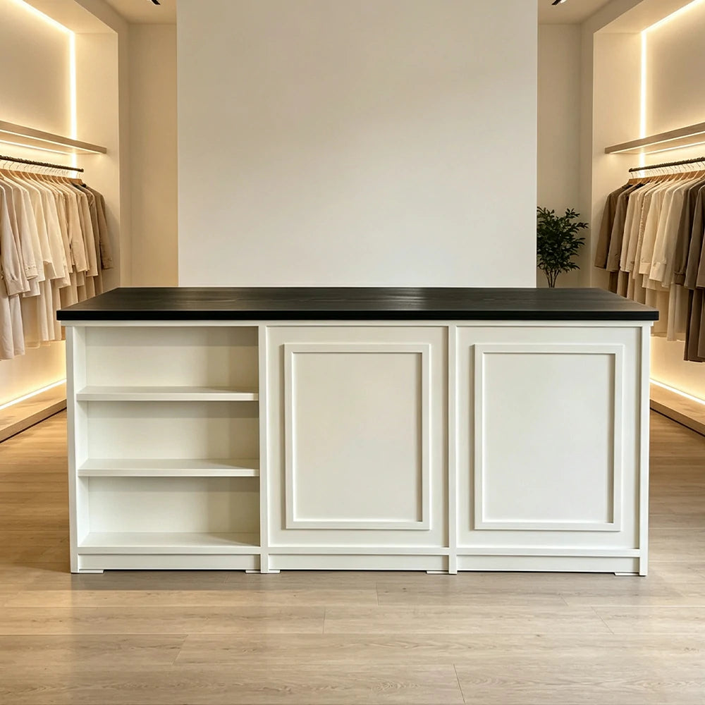 LUXORA Retail Reception Counter with Open Shelves and Dual Cabinet Storage for Boutique Store - Black & Cream White