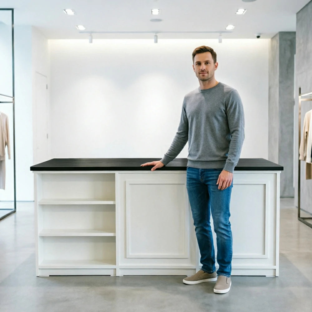 LUXORA Retail Reception Counter with Open Shelves and Dual Cabinet Storage for Boutique Store - Black & Cream White