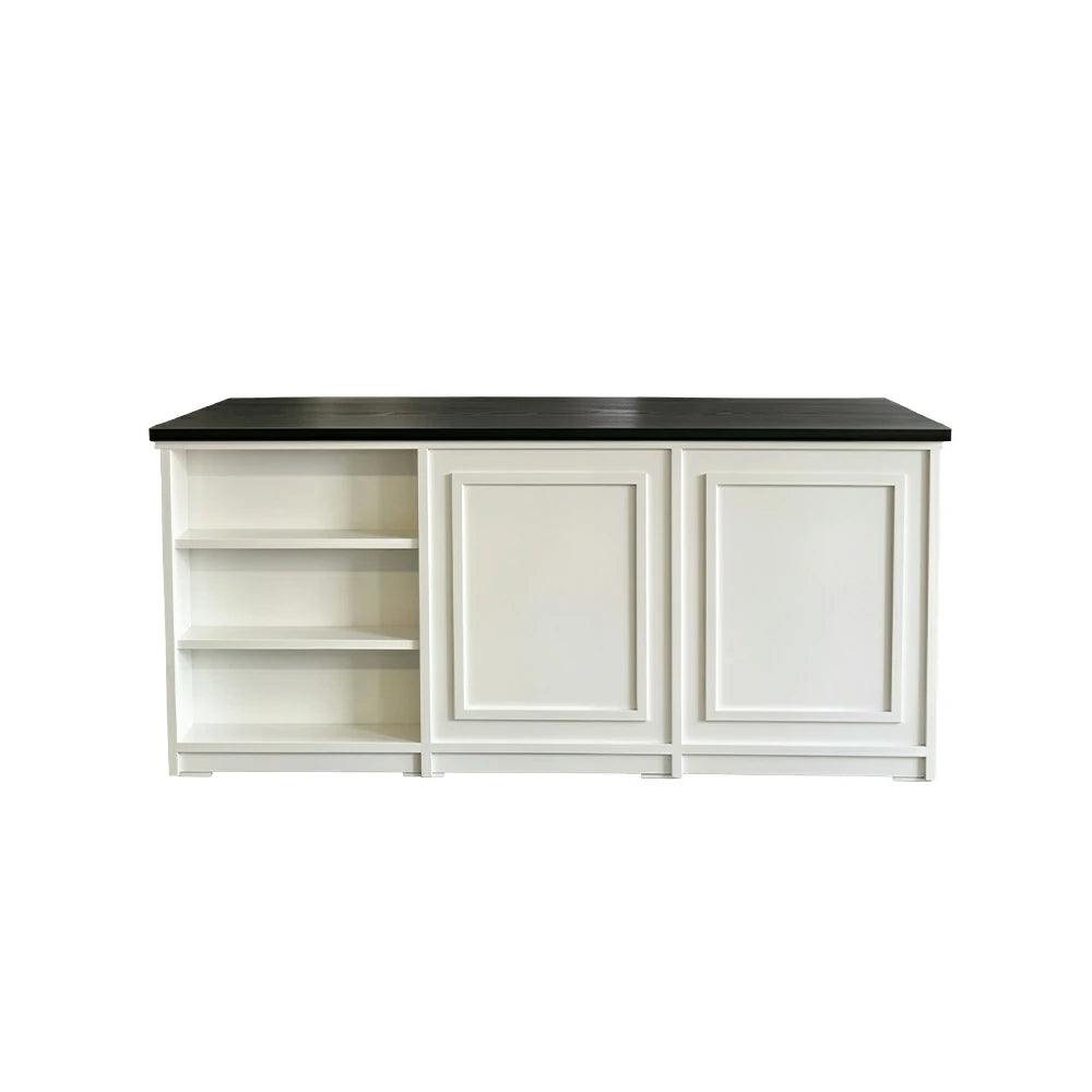 LUXORA Retail Reception Counter with Open Shelves and Dual Cabinet Storage for Boutique Store - Black & Cream White