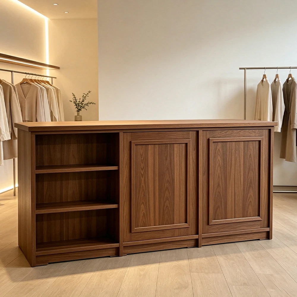 LUXORA Retail Reception Counter with Open Shelves and Dual Cabinet Storage for Boutique Store - Walnut