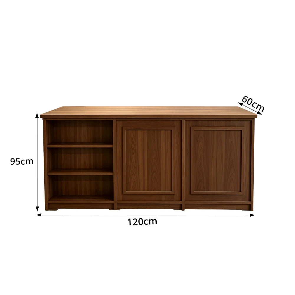 LUXORA Retail Reception Counter with Open Shelves and Dual Cabinet Storage for Boutique Store - Walnut