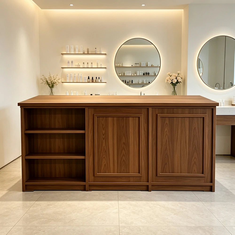 LUXORA Retail Reception Counter with Open Shelves and Dual Cabinet Storage for Boutique Store - Walnut