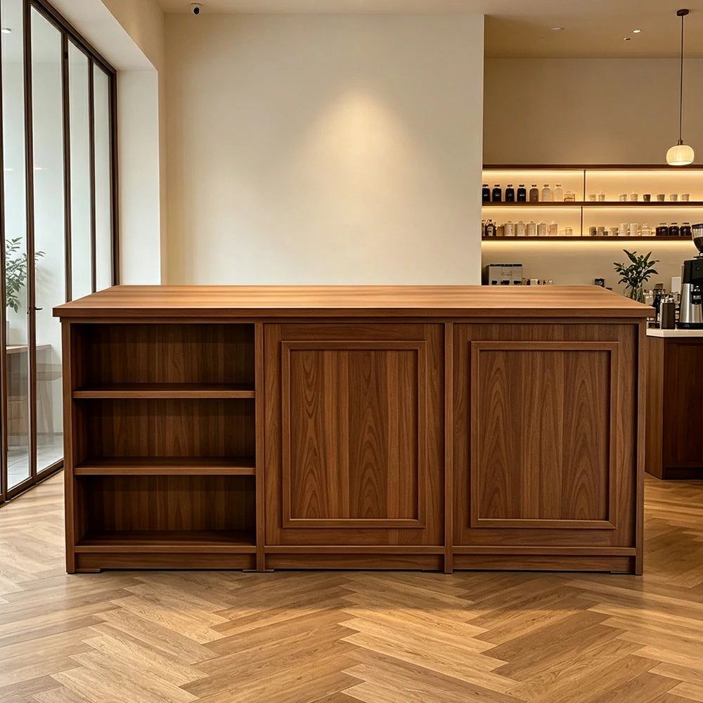 LUXORA Retail Reception Counter with Open Shelves and Dual Cabinet Storage for Boutique Store - Walnut