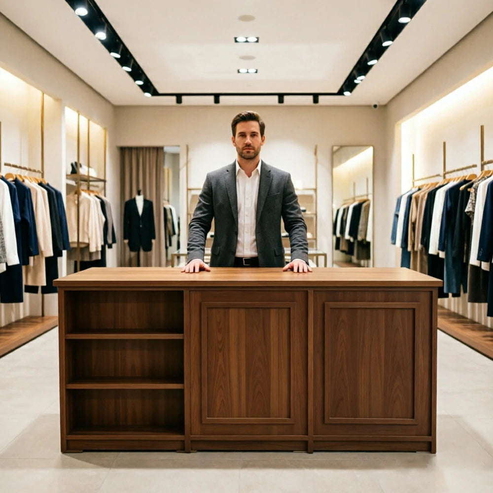 LUXORA Retail Reception Counter with Open Shelves and Dual Cabinet Storage for Boutique Store - Walnut