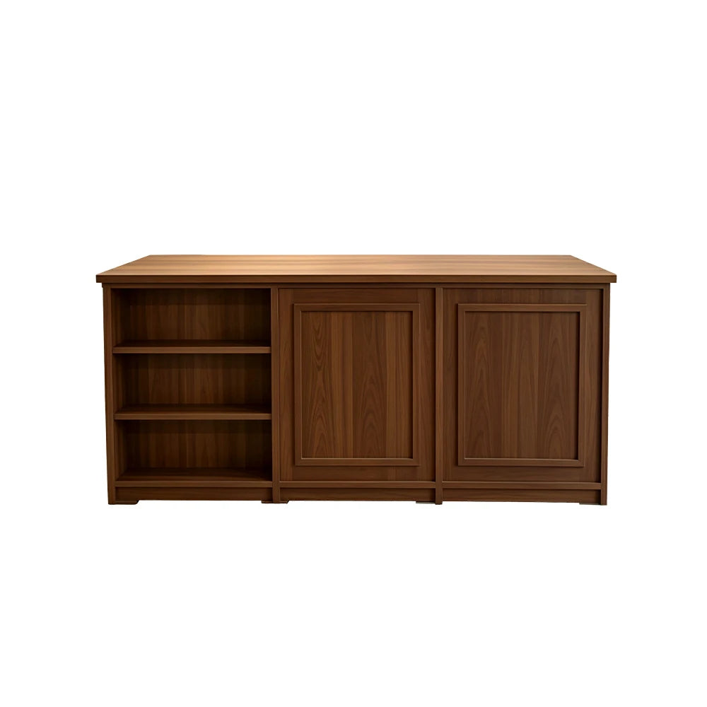 LUXORA Retail Reception Counter with Open Shelves and Dual Cabinet Storage for Boutique Store - Walnut
