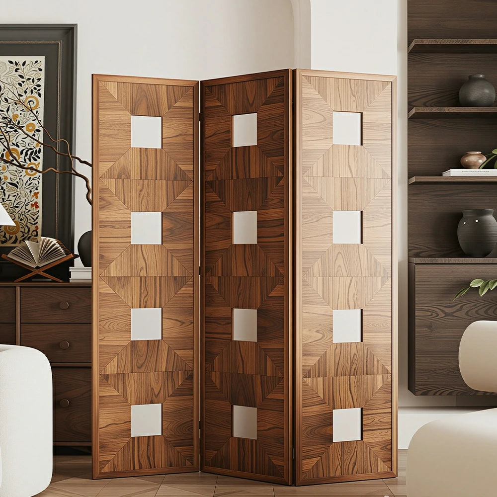 LUXORA 3 Panel Solid Wood Folding Screen Double-Sided Geometric Design Room Divider Privacy Partition for Living Room Bedroom - Walnut