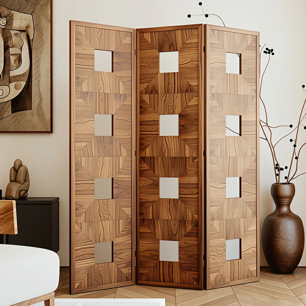 LUXORA 3 Panel Solid Wood Folding Screen Double-Sided Geometric Design Room Divider Privacy Partition for Living Room Bedroom - Walnut