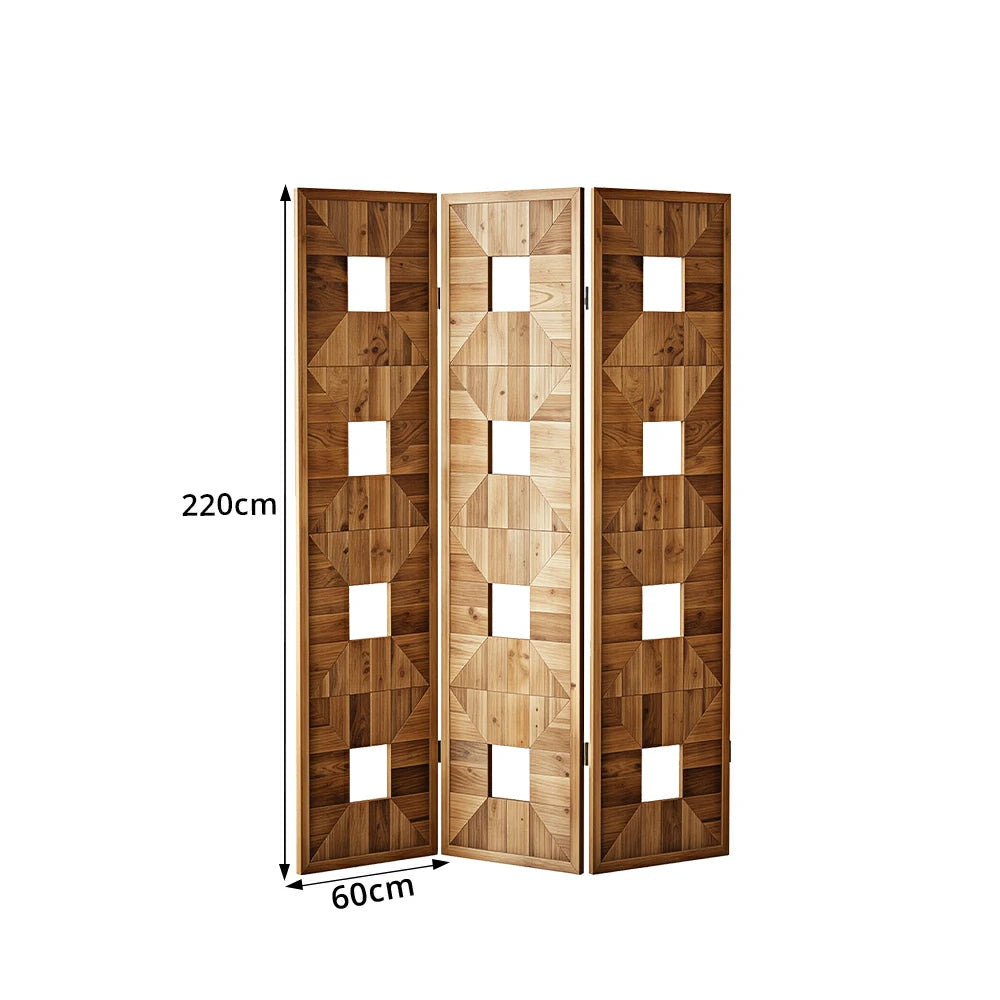 LUXORA 3 Panel Solid Wood Folding Screen Double-Sided Geometric Design Room Divider Privacy Partition for Living Room Bedroom - Walnut