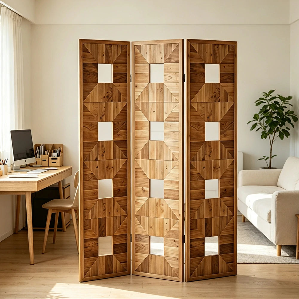 LUXORA 3 Panel Solid Wood Folding Screen Double-Sided Geometric Design Room Divider Privacy Partition for Living Room Bedroom - Walnut