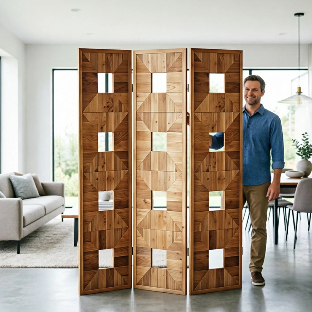 LUXORA 3 Panel Solid Wood Folding Screen Double-Sided Geometric Design Room Divider Privacy Partition for Living Room Bedroom - Walnut