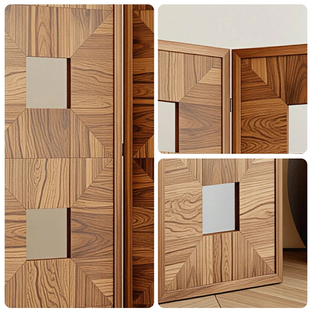 LUXORA 3 Panel Solid Wood Folding Screen Double-Sided Geometric Design Room Divider Privacy Partition for Living Room Bedroom - Walnut