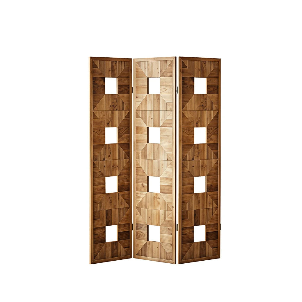 LUXORA 3 Panel Solid Wood Folding Screen Double-Sided Geometric Design Room Divider Privacy Partition for Living Room Bedroom - Walnut