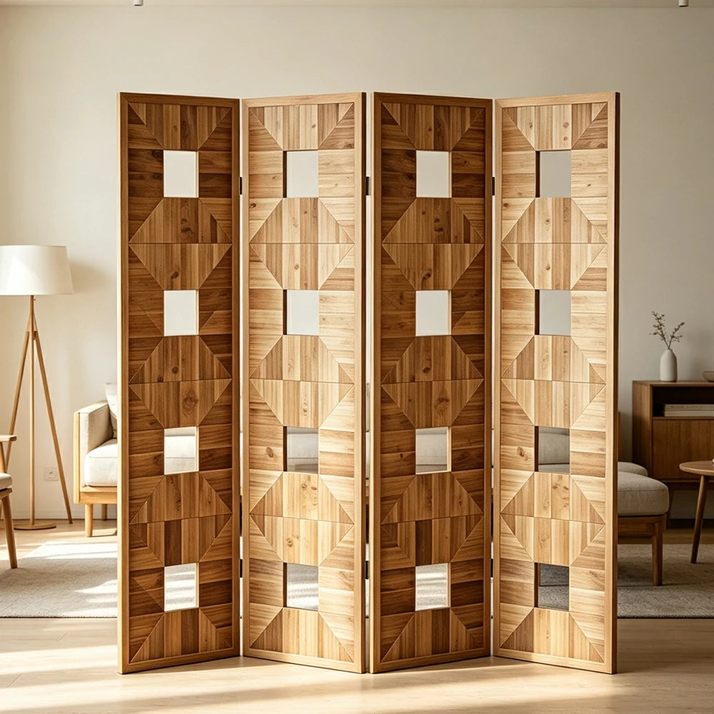LUXORA 4 Panel Solid Wood Folding Screen Double-Sided Geometric Design Room Divider Decorative Privacy Partition for Home Office Living Room - Walnut