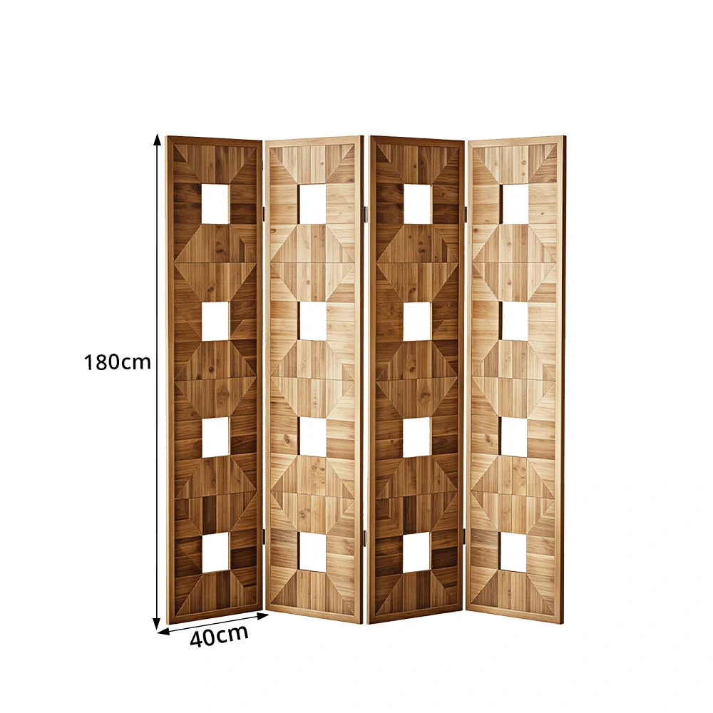 LUXORA 4 Panel Solid Wood Folding Screen Double-Sided Geometric Design Room Divider Decorative Privacy Partition for Home Office Living Room - Walnut