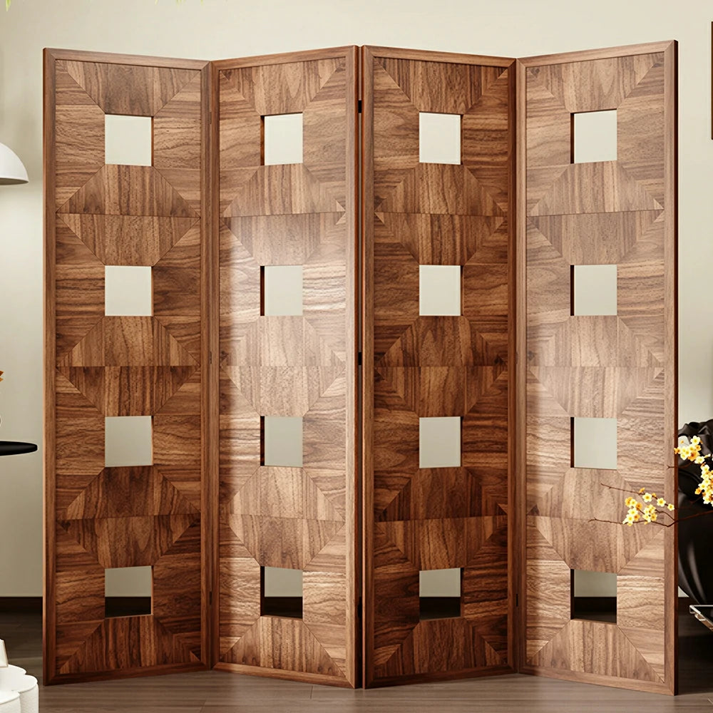LUXORA 4 Panel Solid Wood Folding Screen Double-Sided Geometric Design Room Divider Decorative Privacy Partition for Home Office Living Room - Walnut