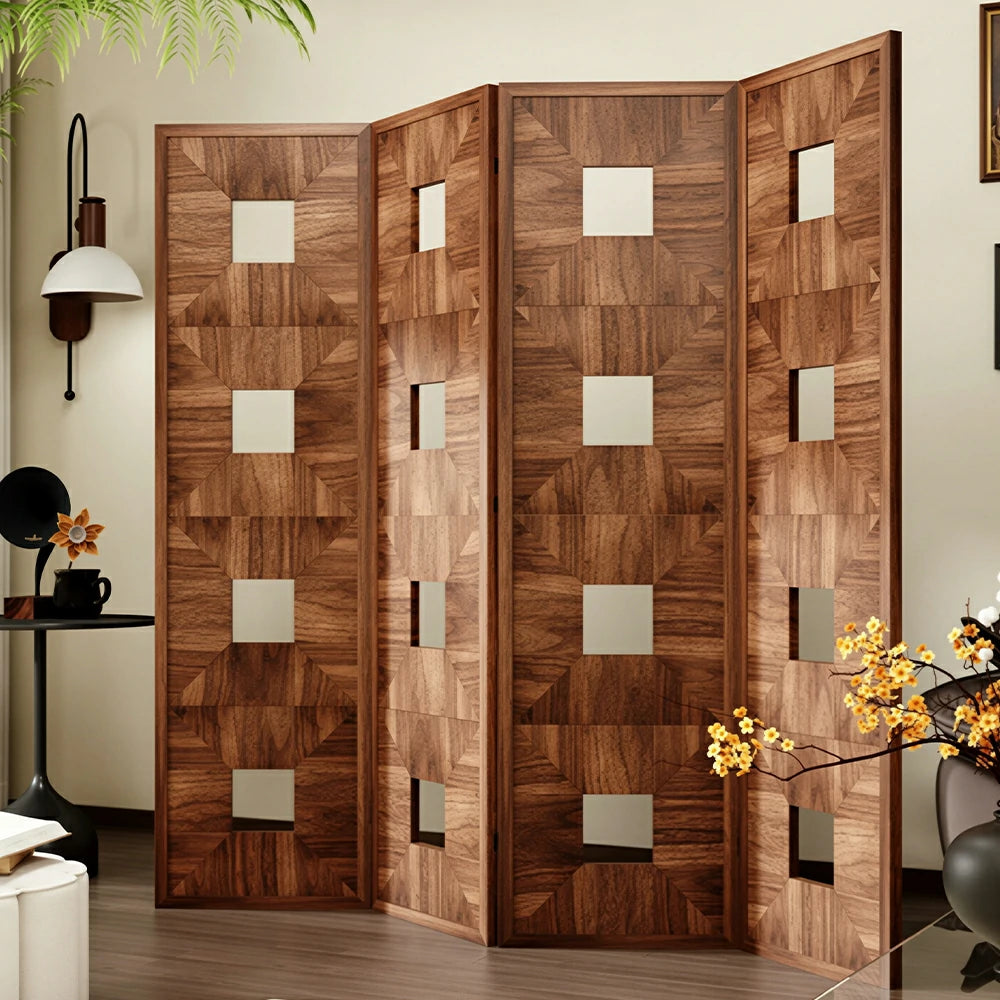 LUXORA 4 Panel Solid Wood Folding Screen Double-Sided Geometric Design Room Divider Decorative Privacy Partition for Home Office Living Room - Walnut